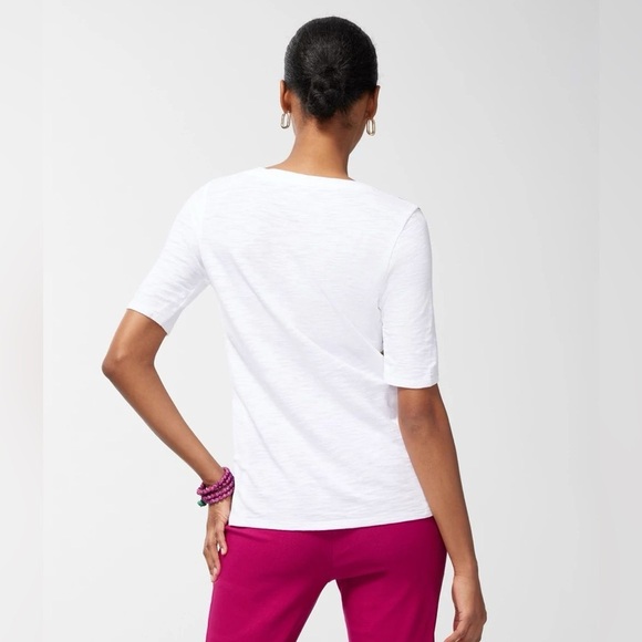 Chico’s Palms Button Detail Cotton Slub Tee 2/L White Blue Pink Colorful Spring - Picture 7 of 8